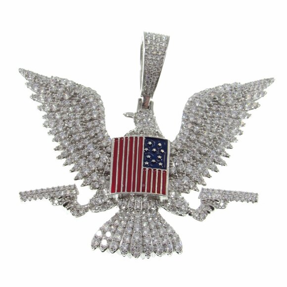 Solid 925 Sterling Silver Iced Out Rhodium Plated Patriotic Eagle & Flag Pendant - Picture 5 of 9